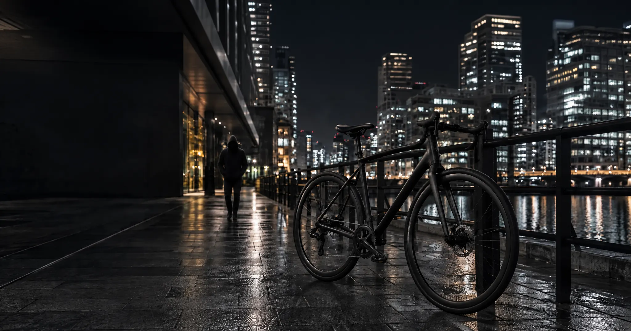 夜の都市で手すりに停められた自転車のイメージ